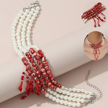 Ожерелье из искусственного жемчуга с кровавым узором на Хэллоуин, модное многослойное короткое ожерелье из бисера, аксессуары для ювелирных изделий в готическом стиле для вечеринок