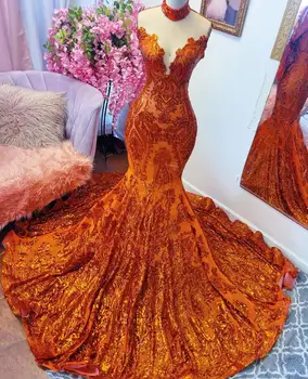 Оранжевое Блестящее Африканское Вечернее Платье Знаменитостей для Женщин с Аппликацией из Блесток на День Рождения, Платье для Выпускного Вечера, vestidos de gala, черная девушка