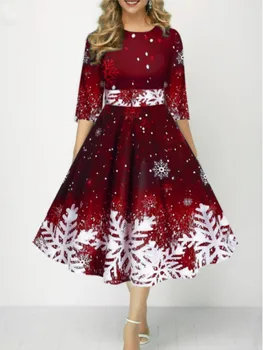 Осенне-зимнее женское рождественское платье с цифровым принтом в виде снежинки, 3/4 рукава, модное элегантное женское рождественское платье трапециевидной формы с модной талией