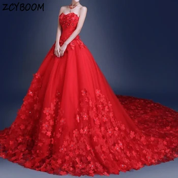 Очаровательное красное свадебное платье с цветами без бретелек 2023, бальное платье длиной до пола, со шлейфом, на шнуровке, красивое свадебное платье на заказ