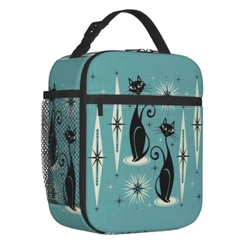 Переносная сумка для ланча с изоляцией Black Cat, котенок Мяу середины века, синий, большой термоохладитель, коробка для бенто, Пляжный кемпинг, путешествия