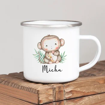 Персонализированное животное, Кофейная чашка с индивидуальным названием для женщин, подарок, Походная Эмалированная кружка, Милый Олень Тигр с именем, подарки для детей