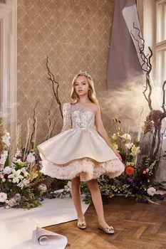 Платья для девочек-цветочниц на одно плечо, расшитые бисером, длиной до колен, Атласное платье принцессы для свадебной вечеринки, Платье для причастия детей на День рождения с шампанским