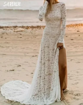 Пляжное платье с вырезом лодочкой, Винтажный халат невесты трапециевидной формы, Классические Изящные свадебные платья длиной до пола, Vestidos De Novia
