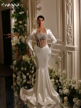 Простое свадебное платье с V-образным вырезом и длинным рукавом, Блестящий хрустальный халат невесты, Классическое атласное Длинное свадебное платье Русалки Robe De Mariée