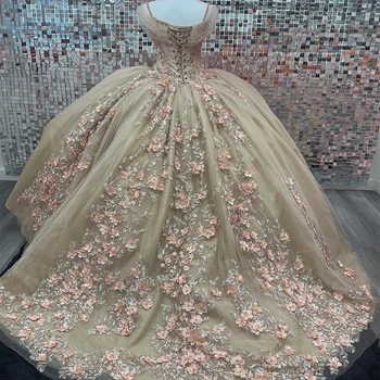 Пышные Платья в форме Сердца Цвета Шампанского Для 15 Вечеринок Принцессы С Аппликацией Из 3D Цветочного Тюля, Кружевного Платья Для Вечеринки в честь Дня Рождения, Robes De Ball
