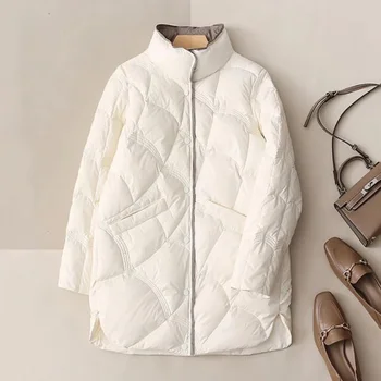 Ретро Осенне-зимнее ультралегкое теплое пальто из белого утиного пуха 90-х годов для женщин, повседневное стеганое пальто с длинным стоячим воротником
