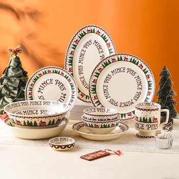 Рождественский Набор керамической посуды Миска для рамена большой емкости для домашнего использования Поднос для завтрака Чашка для молока Набор обеденных тарелок Миска для лапши