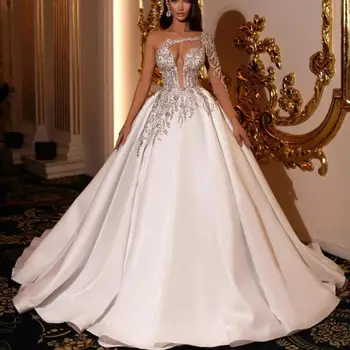 Роскошное Дубайское бальное платье на одно плечо, свадебные платья для женщин, свадебное платье на заказ, украшенное кристаллами, расшитое бисером, иллюзия Vestido De Novia