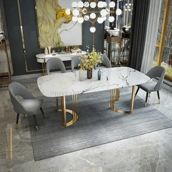 Роскошный обеденный стол со столешницей из глоденового мрамора, современная прямоугольная мебель для маленькой квартиры из нержавеющей стали