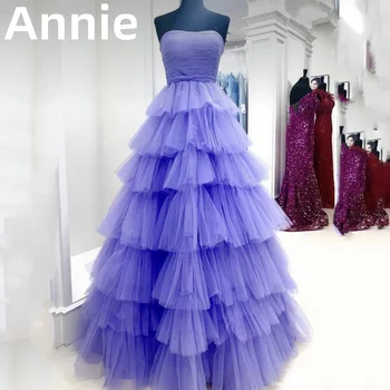Сексуальное платье для выпускного вечера Annie без бретелек, Vestidos De Noche, многослойное вечернее платье из фиолетового тюля, вечернее платье для официальных мероприятий