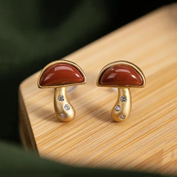 Серьги-грибы из натурального южного красного турмалина в китайском ретро-придворном стиле, креативный женский бренд Dameng