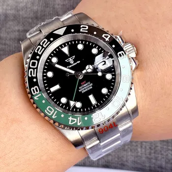 Стальные часы Tandorio NH34A GMT с автоподзаводом для мужчин, наручные часы для дайвинга, спортивные деловые часы Green Hand Jubilee 904L, водонепроницаемые Reloj