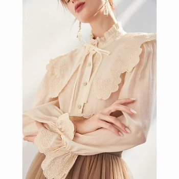 Стиль Вышитая рубашка с большим отворотом Женская Осень Зима Новый дизайн Маленькие свободные блузки Одежда для женщин Рубашки Блузка