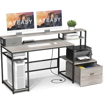 Стол для домашнего офиса с полкой-подставкой для монитора, большой компьютерный стол 66 дюймов с розеткой и USB-портом для зарядки, компьютерный стол