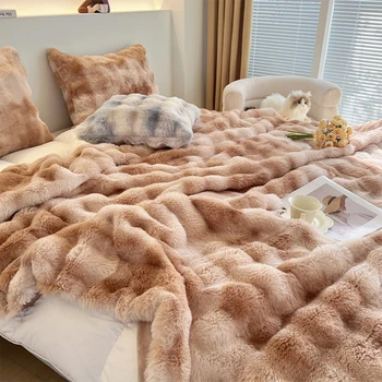 Тосканский искусственный мех кролика Зимние теплые одеяла для кроватей Высококачественное утолщенное плюшевое покрывало Мягкое комфортное теплое одеяло для дивана