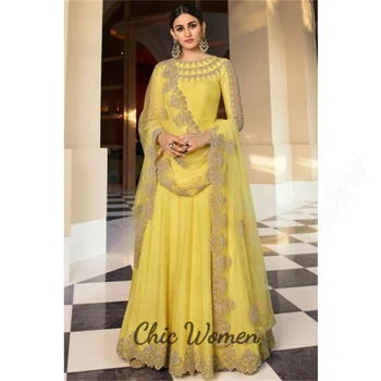 Традиционное желтое Арабское вечернее платье из Дубая 2023 Пакистано-Индийские выпускные платья в пол С аппликациями, вечерние платья с длинным рукавом
