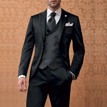 Формальный черный однобортный лацкан, Роскошные мужские костюмы, высококачественный пиджак из 3 предметов, Брюки, Жилет, Свадебный блейзер на заказ