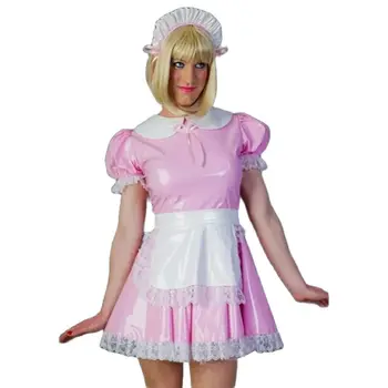 Французский Сексуальный Взрослый Фетишистский Кросс-дрессинг Sissy Pink White в стиле Пэчворк с откидным воротником из ПВХ, Пышное платье с кружевным замком на плечах и подоле