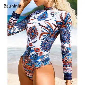 Цельный купальник Bauhinia с винтажным принтом, женский купальник с длинными рукавами, купальник с круглым вырезом, спортивное боди для серфинга, пляжная одежда