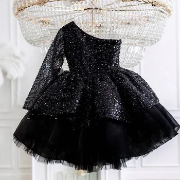 Черные вечерние платья для девочек, бальное платье с длинным рукавом и цветочным рисунком на одно плечо, Короткое роскошное цветочное платье с блестками, расшитое бисером.