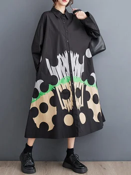 Черные платья с винтажным принтом Для женщин, Новое Весенне-осеннее Свободное Повседневное платье-рубашка с длинным рукавом, Корейская модная Элегантная одежда 2023 года