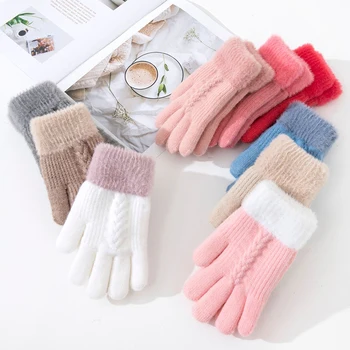 Эластичные перчатки с полными пальцами, теплые Толстые Перчатки для езды на велосипеде, модные женские Зимние Теплые Кашемировые Вязаные Уличные перчатки с пятью пальцами