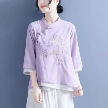 Элегантная розовая рубашка, женская демисезонная пуговица с вышивкой в стиле ретро, традиционная китайская одежда для женщин