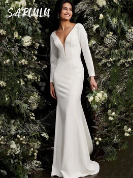 Элегантные атласные свадебные платья Русалки для женщин 2024 года с длинным рукавом и шлейфом на пуговицах сзади Скромное свадебное платье для ср